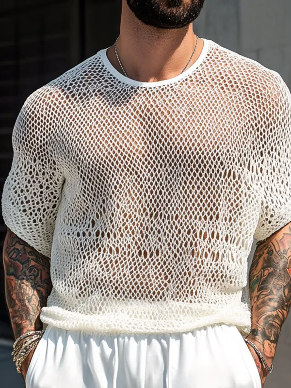 Men's White Knit Mesh Top Sweater - Pragmaace.com 