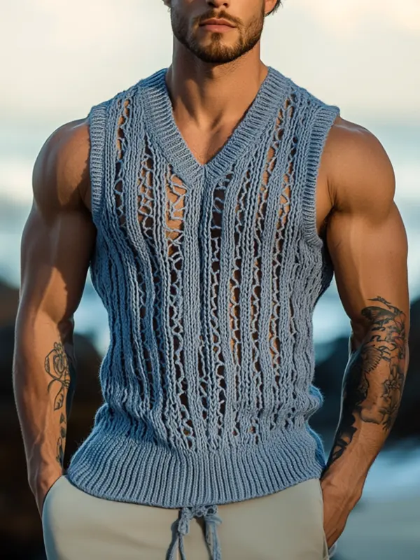 Men's Blue Knitted Vest With Lace Detailing - Menwyx.com 