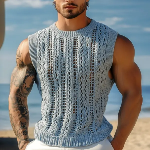 Men's Blue Knitted Sleeveless Vest For Summer Beach Style - Rabclub.com 