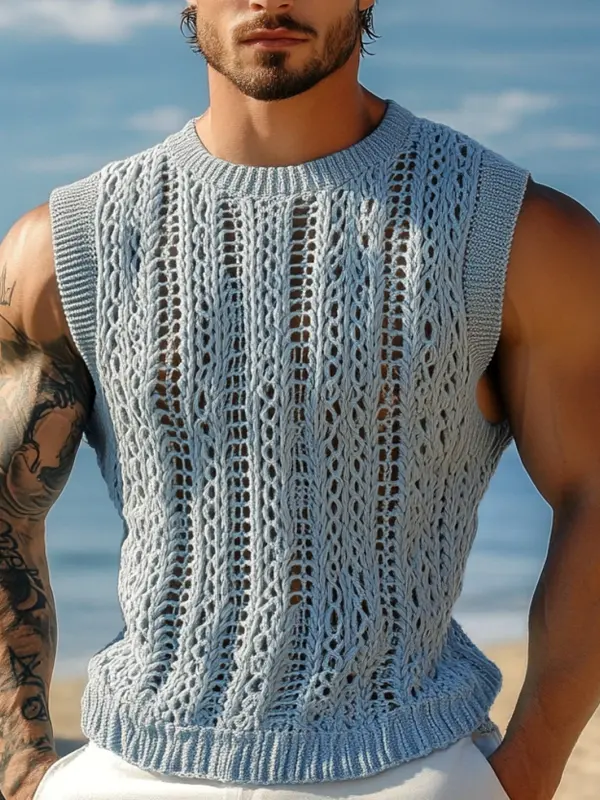 Men's Blue Knitted Sleeveless Vest For Summer Beach Style - Menwyx.com 