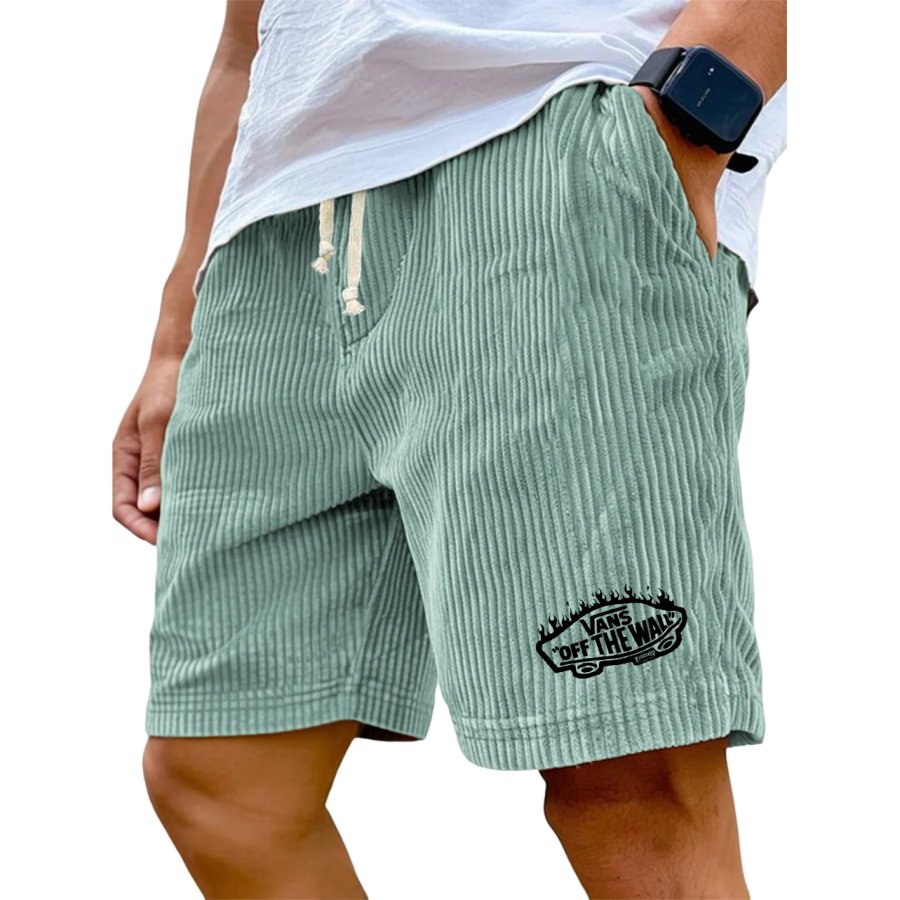 

Men's Skater Shorts Vintage Corduroy Skateboard Print Elastic Drawstring Boardshorts Baggy Shorts