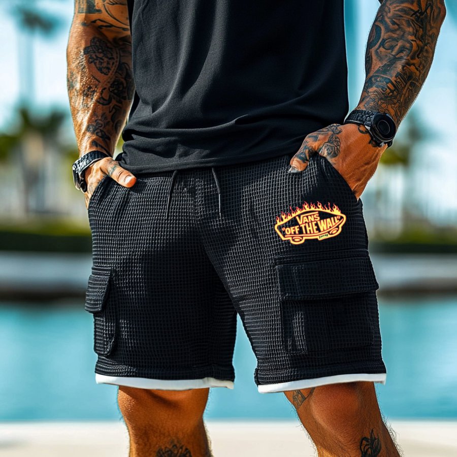 

Men's Vintage Black Waffle Fabric Patchwork Knit Pockets Surf Elastic Drawstring Shorts