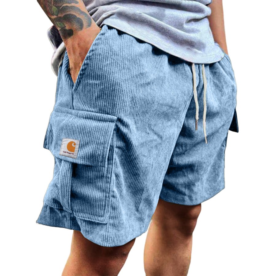 

Men's Stylish Multi-pocket Vintage Corduroy Logo Embroidered Simple Casual Loose Shorts