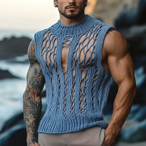 Men's Blue Mesh Knit Vest With Muscular Appeal - Rabclub.com 