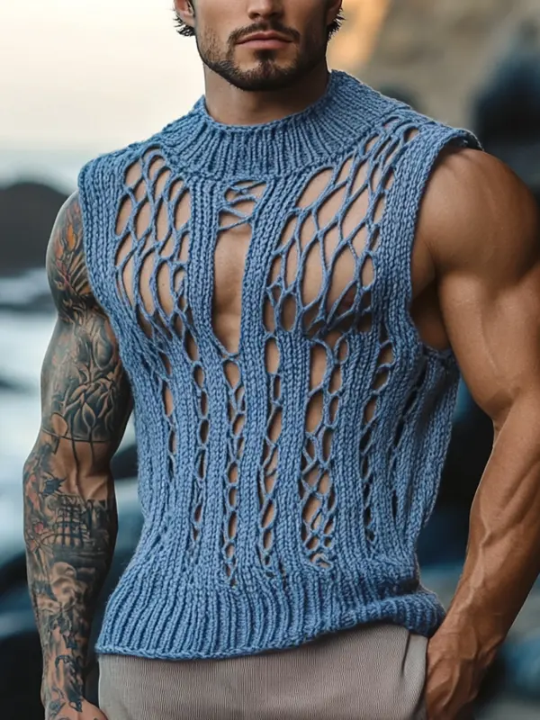 Men's Blue Mesh Knit Vest With Muscular Appeal - Menwyx.com 