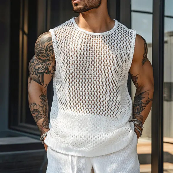 Men's White Mesh Sleeveless Top With Casual Shorts - Rabclub.com 