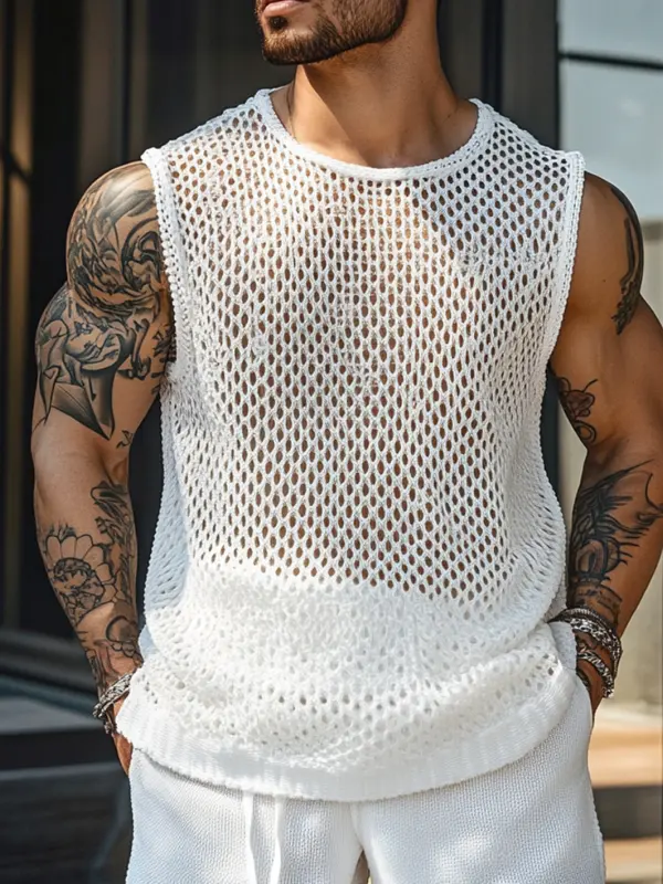 Men's White Mesh Sleeveless Top With Casual Shorts - Menwyx.com 