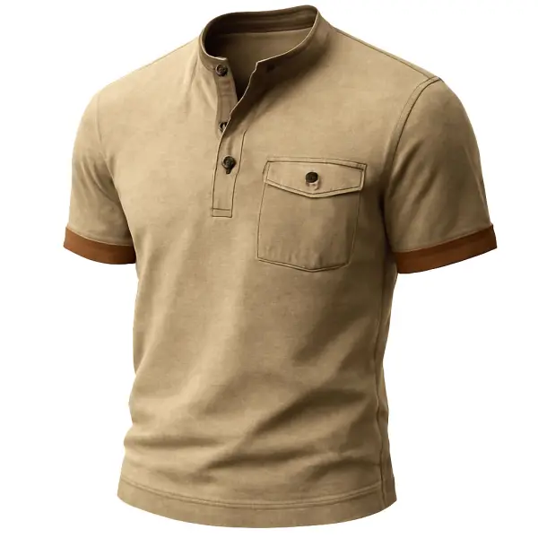Men's Vintage Contrast Pocket Henley Short Sleeve T-Shirt - Elementnice.com 