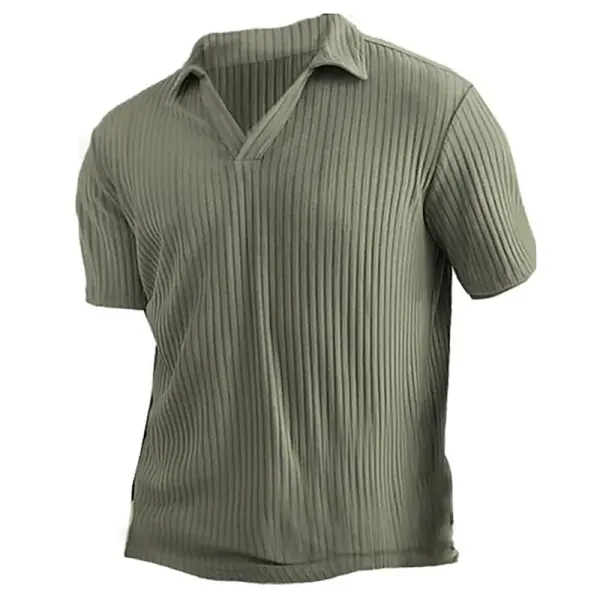 Men's Vintage Vertical Stripe Knit V-Neck Polo Short Sleeve T-Shirt - Rabclub.com 