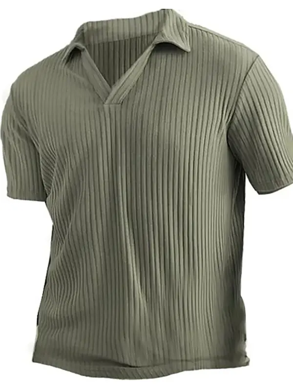 Men's Vintage Vertical Stripe Knit V-Neck Polo Short Sleeve T-Shirt - Pragmaace.com 