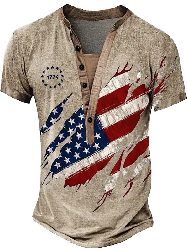 Men's Vintage American Flag 1776 Independence Day Print Henley T-Shirt - Pragmaace.com 