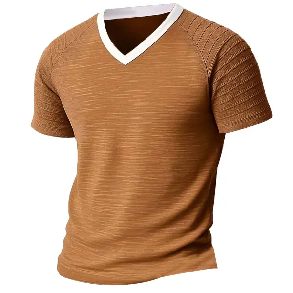 Men's Vintage Contrast V-Neck Short Sleeve T-Shirt - Elementnice.com 