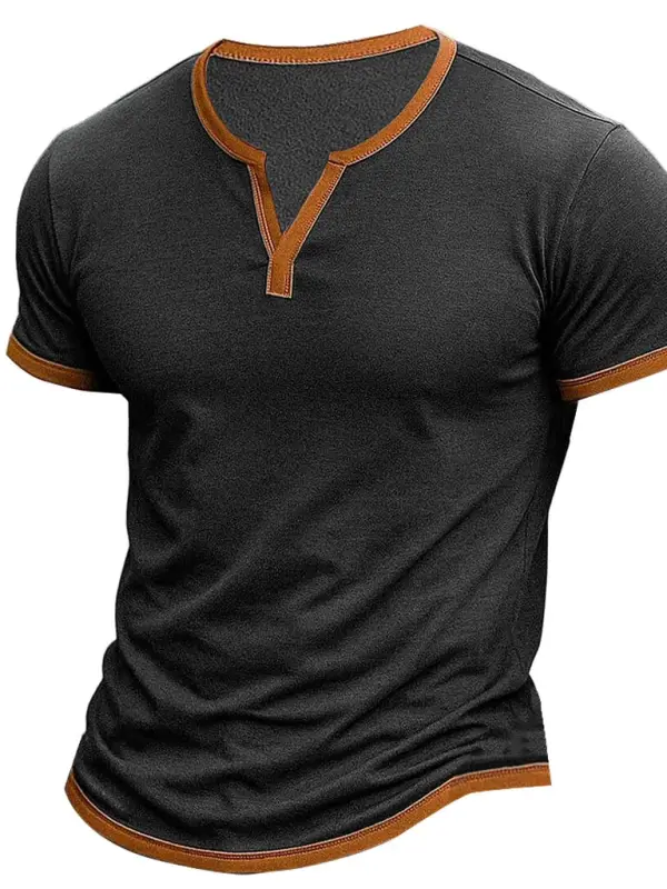 Men's Vintage Contrast V-Neck Short Sleeve T-Shirt - Pragmaace.com 