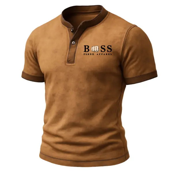 Men's Vintage Contrast Suede Henley Short Sleeve T-Shirt - Elementnice.com 