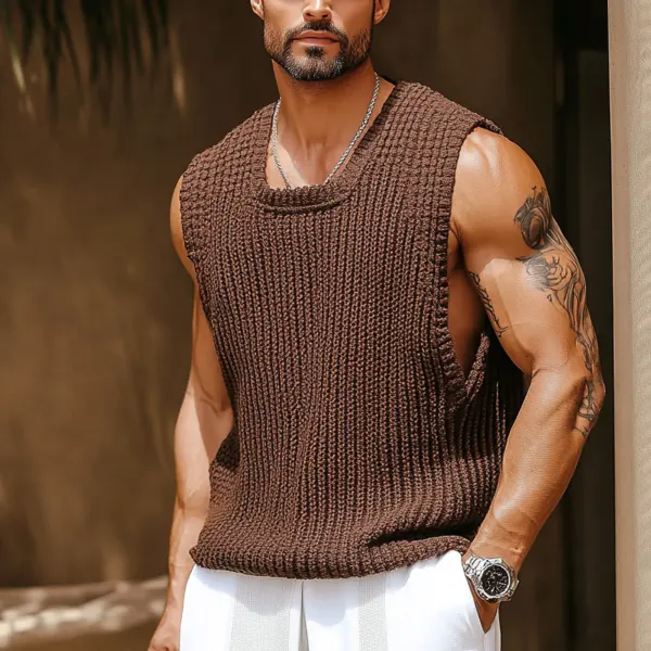 Men's Brown Knit Sleeveless Top With White Pants - Elementnice.com 