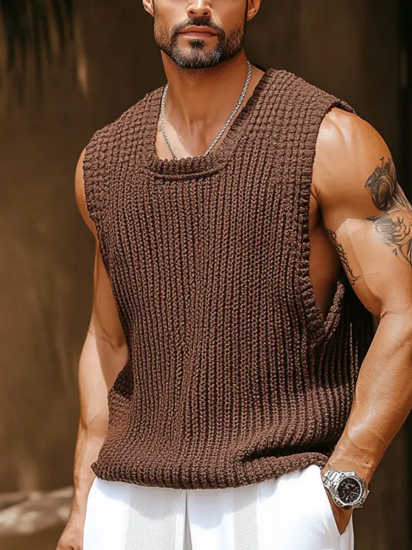 Men's Brown Knit Sleeveless Top With White Pants - Menwyx.com 