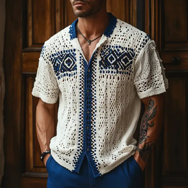 Men's Boho Chic Crochet Shirt With Blue Accents - Elementnice.com 