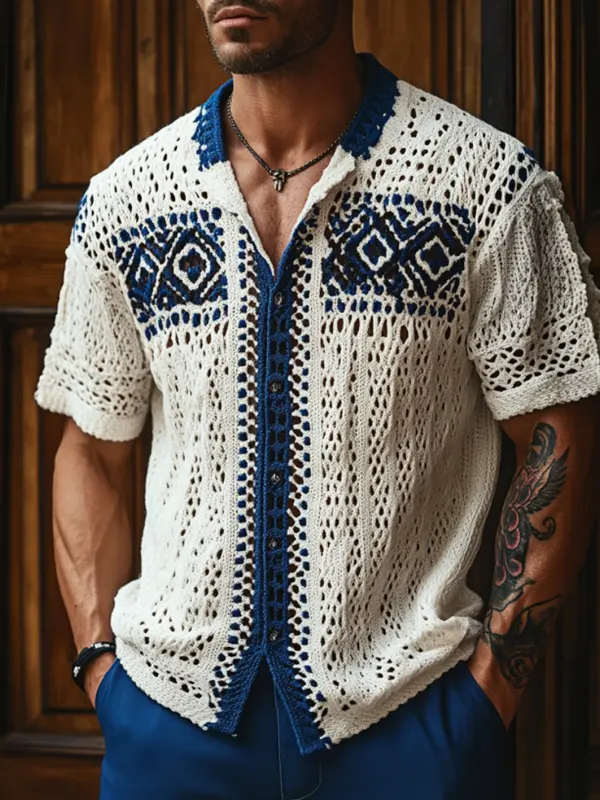 Men's Boho Chic Crochet Shirt With Blue Accents - Menwyx.com 