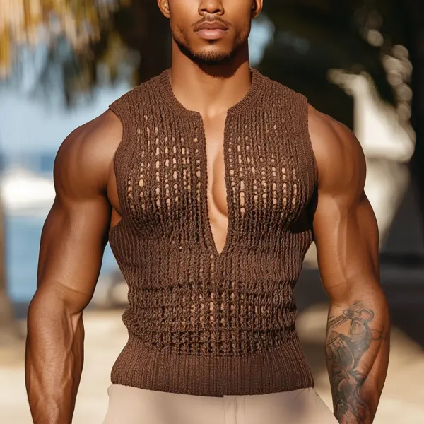 Men's Brown Knit Vest With Deep V-neck - Elementnice.com 