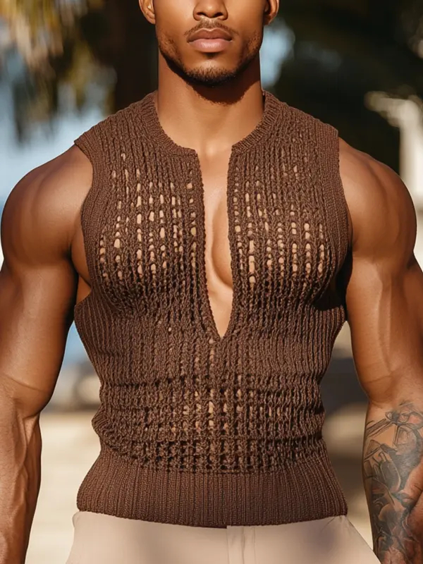 Men's Brown Knit Vest With Deep V-neck - Menwyx.com 