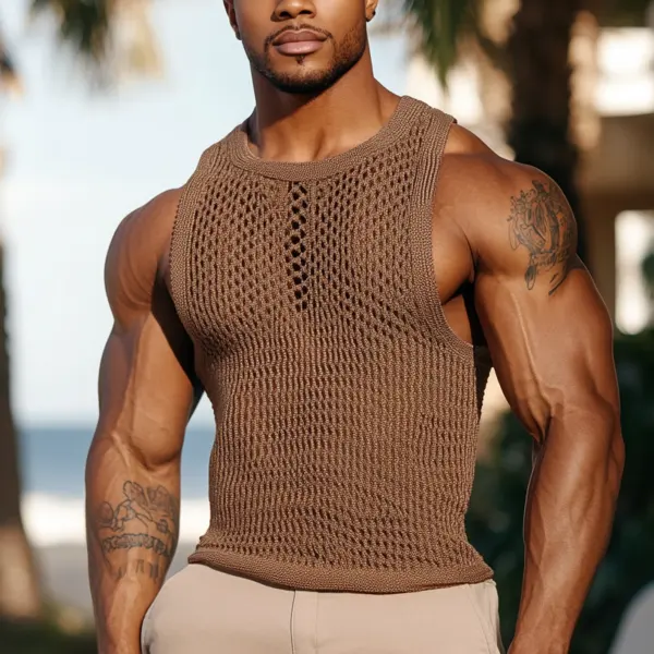 Men's Brown Crochet Tank Top For Summer Style - Elementnice.com 