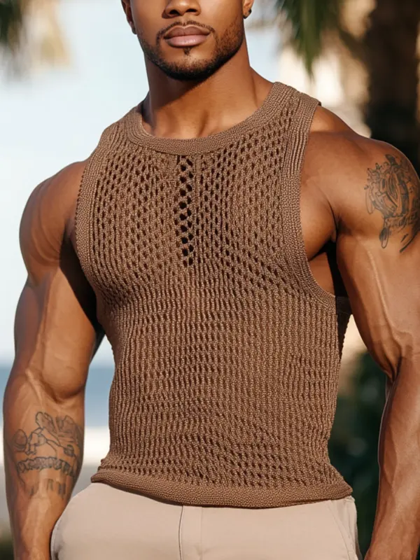 Men's Brown Crochet Tank Top For Summer Style - Menwyx.com 