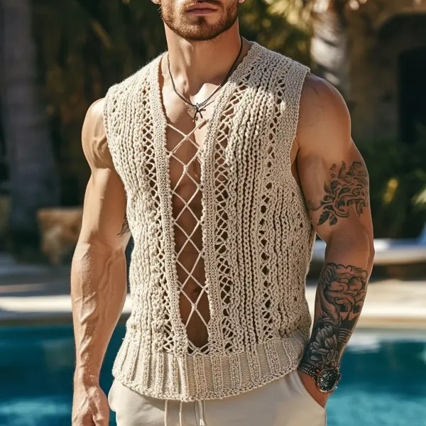 Men's Elegant Crochet Vest With Lace-Up Detail - Rabclub.com 
