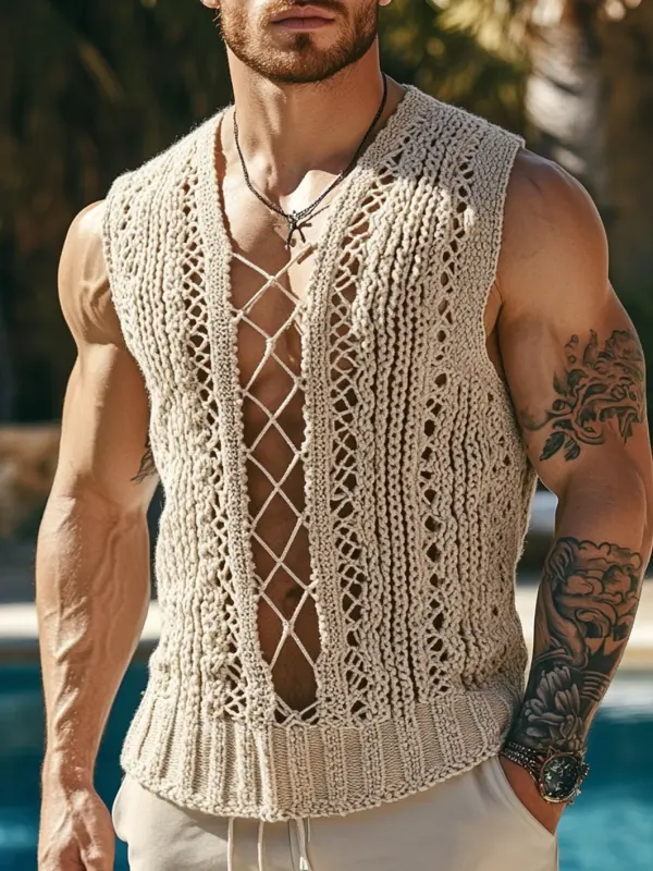 Men's Elegant Crochet Vest With Lace-Up Detail - Menwyx.com 