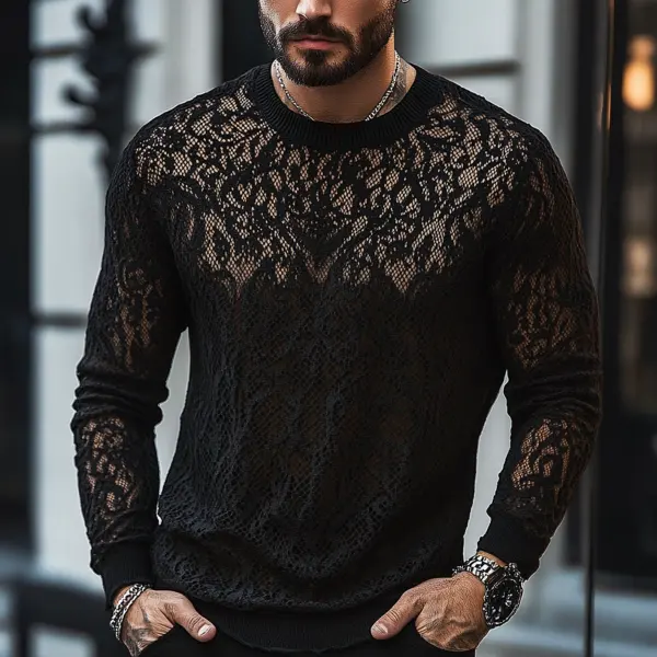 Men's Elegant Black Lace Knit Sweater For Men - Elementnice.com 