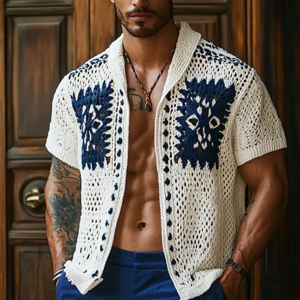 Men's Casual Crochet Cardigan With Blue Floral Patterns - Elementnice.com 
