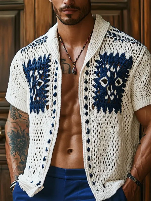 Men's Casual Crochet Cardigan With Blue Floral Patterns - Menwyx.com 