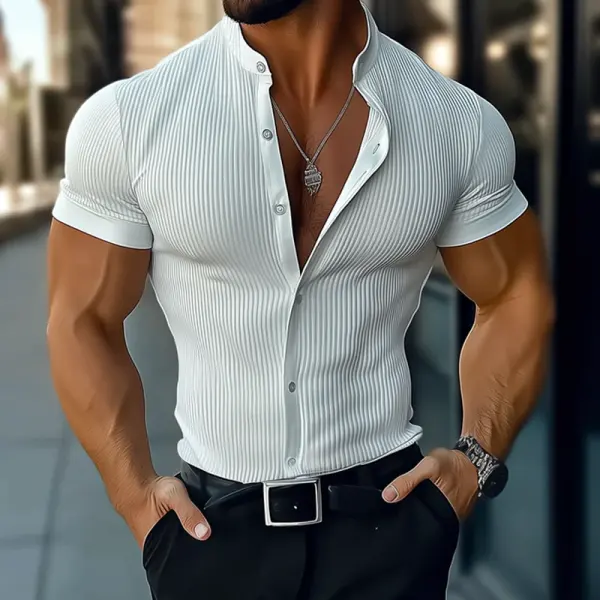 Stylish Men's Short Sleeve Button-Up Shirt With Vertical Stripes For Summer - Elementnice.com 