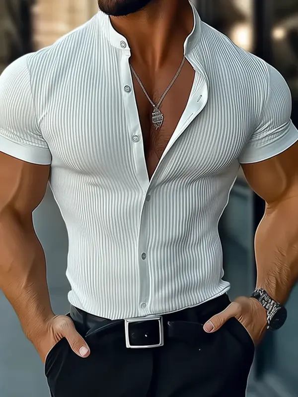 Stylish Men's Short Sleeve Button-Up Shirt With Vertical Stripes For Summer - Menwyx.com 