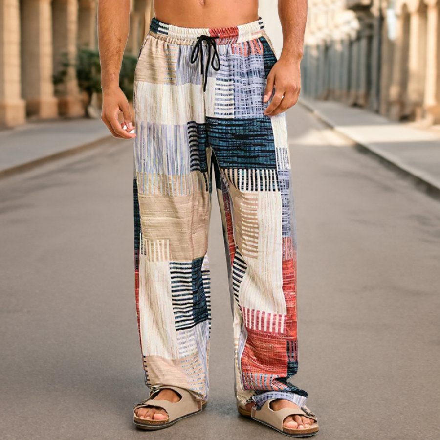 

Colorful Patchwork Wide-Leg Pants For Men - Perfect For Summer And Casual Outings