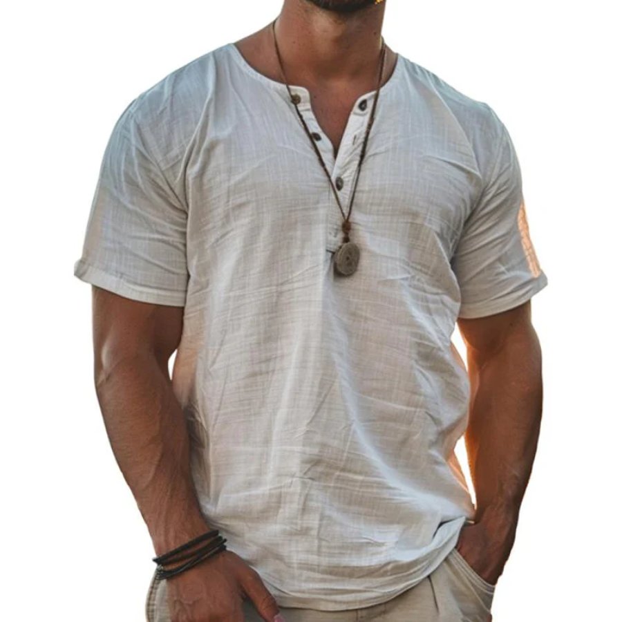 

Cotton And Linen Stylish Henley T-Shirt For Men - Perfect For Casual Summer Outfits