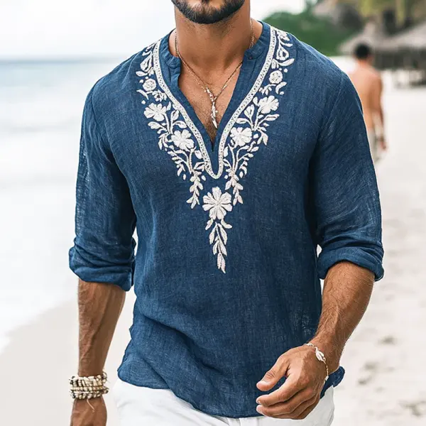 Embroidered Floral V-Neck Beach Shirt For Men - Perfect For Summer Outings - Rabclub.com 