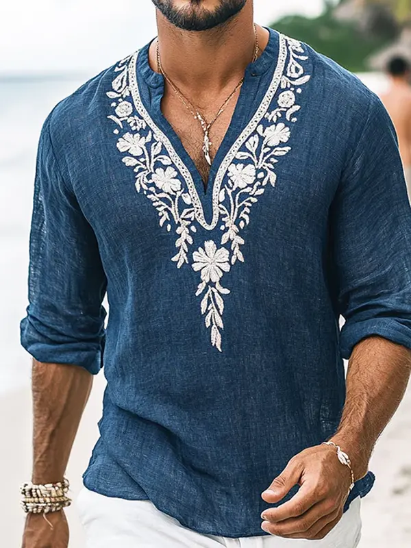 Embroidered Floral V-Neck Beach Shirt For Men - Perfect For Summer Outings - Menwyx.com 