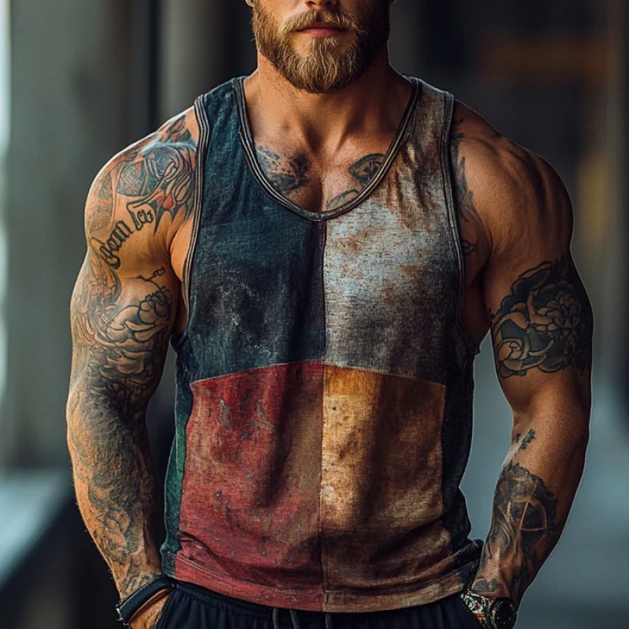 

Distressed Patchwork Tank Top For Men - Perfect For Fitness And Casual Wear