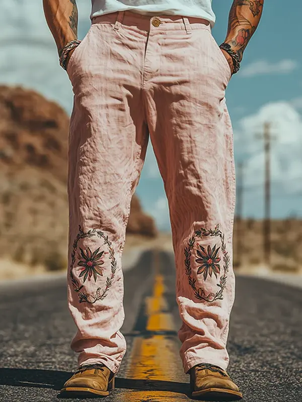 Embroidered Floral Design Trousers For Men - Perfect For Casual And Outdoor Adventures - Menwyx.com 