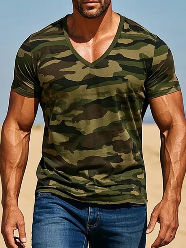 Camouflage V-Neck T-Shirt For Men - Perfect For Casual Summer Outfits - Menwyx.com 