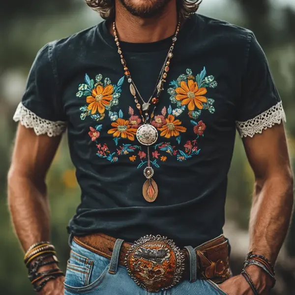Embroidered Floral T-Shirt With Boho Accessories For Men - Elementnice.com 