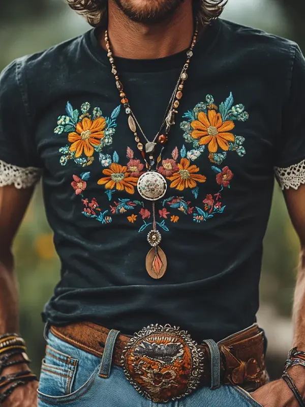 Embroidered Floral T-Shirt With Boho Accessories For Men - Menwyx.com 