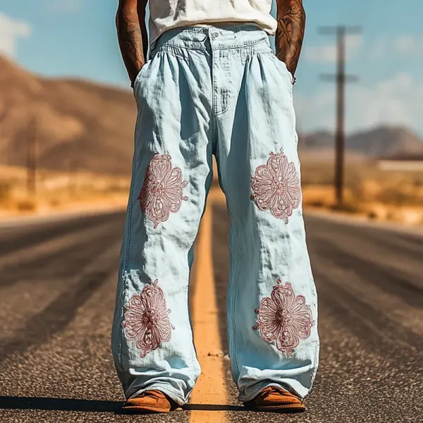 Embroidered Wide-Leg Denim Pants For Casual And Festive Wear - Wayrates.com 