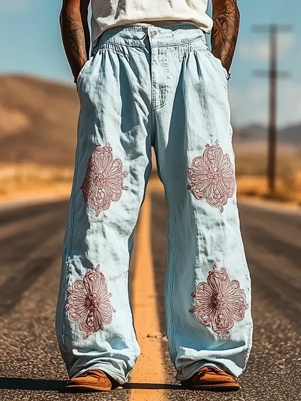 Embroidered Wide-Leg Denim Pants For Casual And Festive Wear - Menwyx.com 