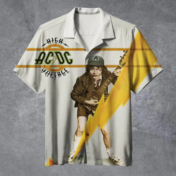 Men's Vintage Rock Band High Voltage Cuban Collar Short Sleeve Shirt - Cotosen.chimpone.com 