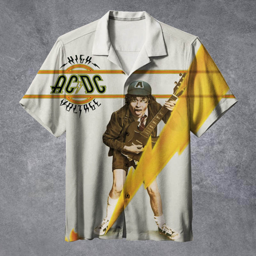 

Men's Vintage Rock Band High Voltage Cuban Collar Short Sleeve Shirt