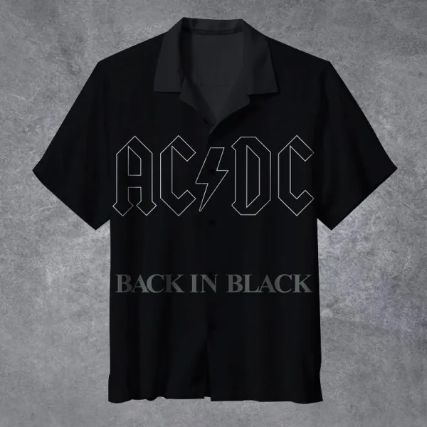 Men's Vintage Rock Band Back In Black Cuban Collar Short Sleeve Shirt - Cotosen.chimpone.com 