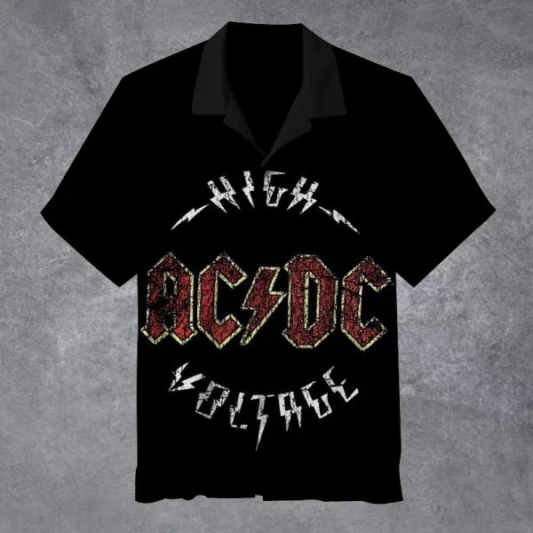 Men's Vintage Rock Band High Voltage Cuban Collar Short Sleeve Shirt - Cotosen.chimpone.com 