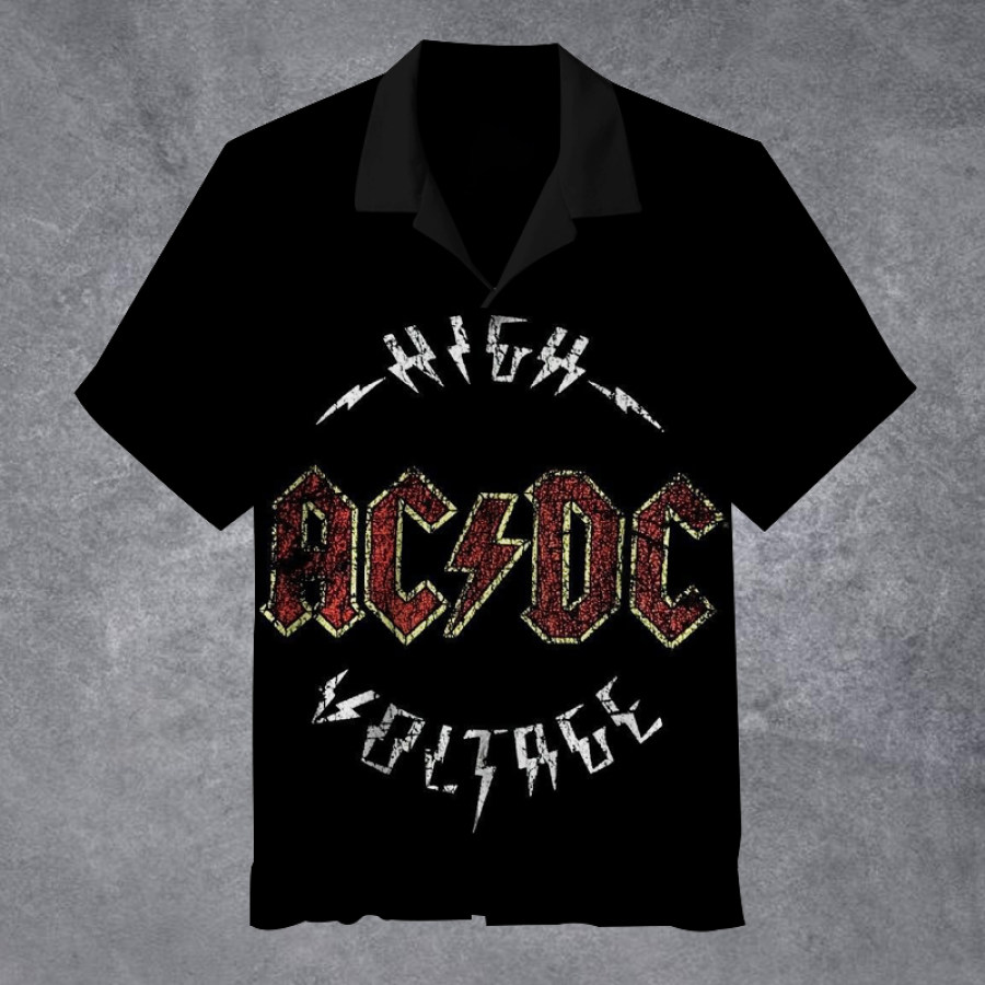 

ACDC Men's Vintage Rock Band High Voltage Cuban Collar Short Sleeve Shirt