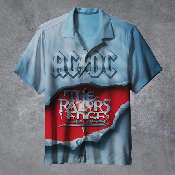 Men's Vintage Rock Band Black The Razors Edge Cuban Collar Short Sleeve Shirt - Cotosen.chimpone.com 